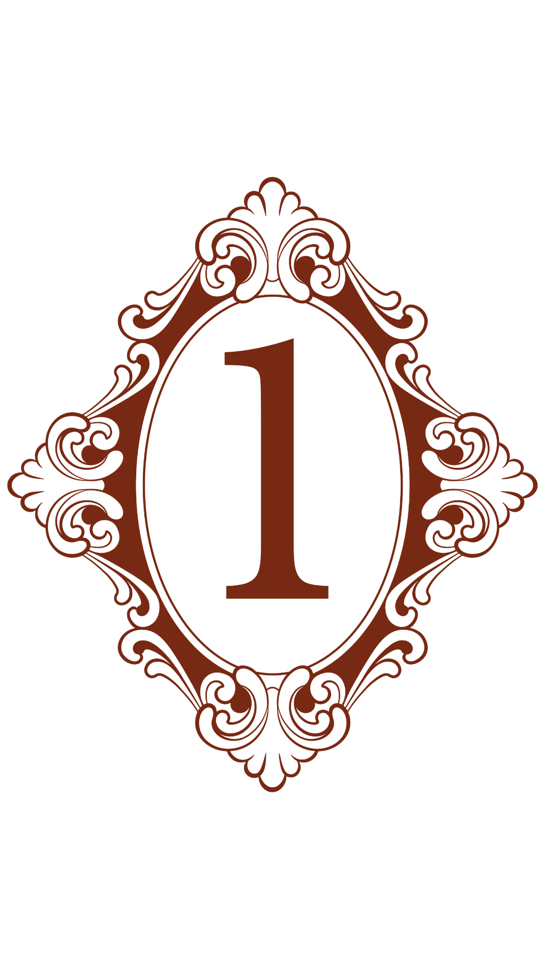 Brown ornate frame with a large number 1 in the center.