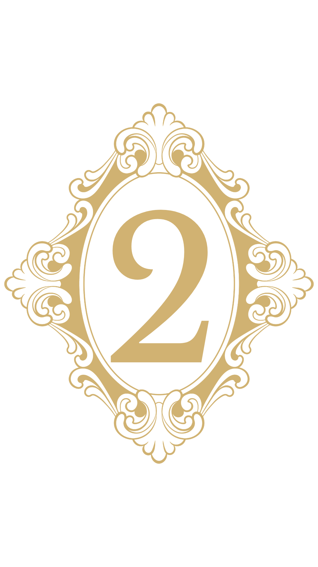 Gold ornate frame with an oval shape, featuring a large number 2 in the center, on a black background.