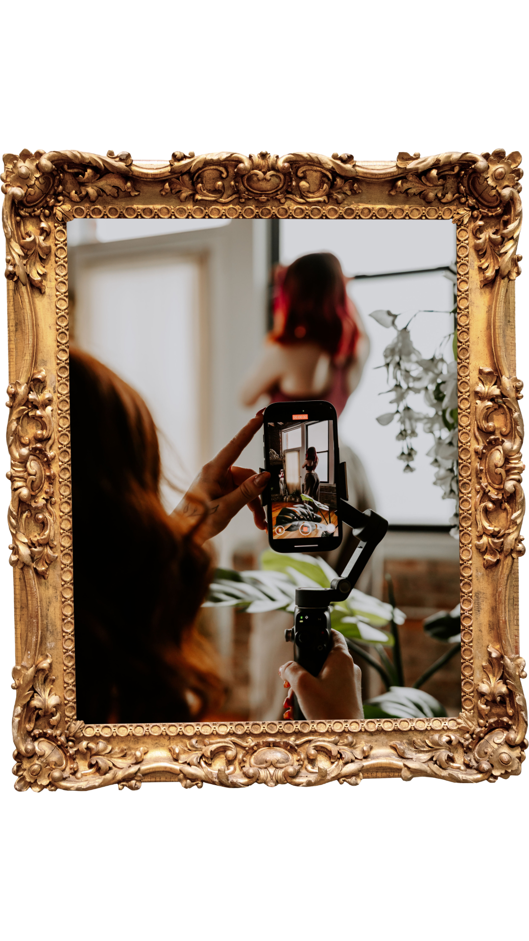 A woman taking a photo of another woman through a mirror with her smartphone, using a gimbal stabilizer.