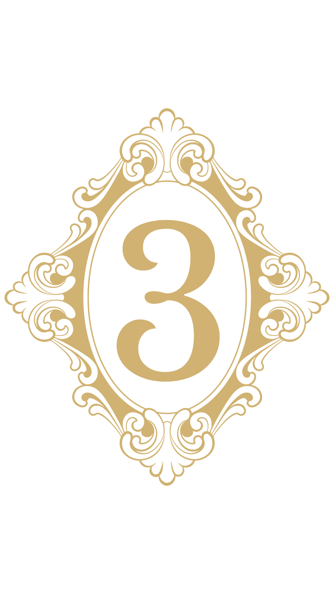 Elegant table number three on black background with ornate gold design.