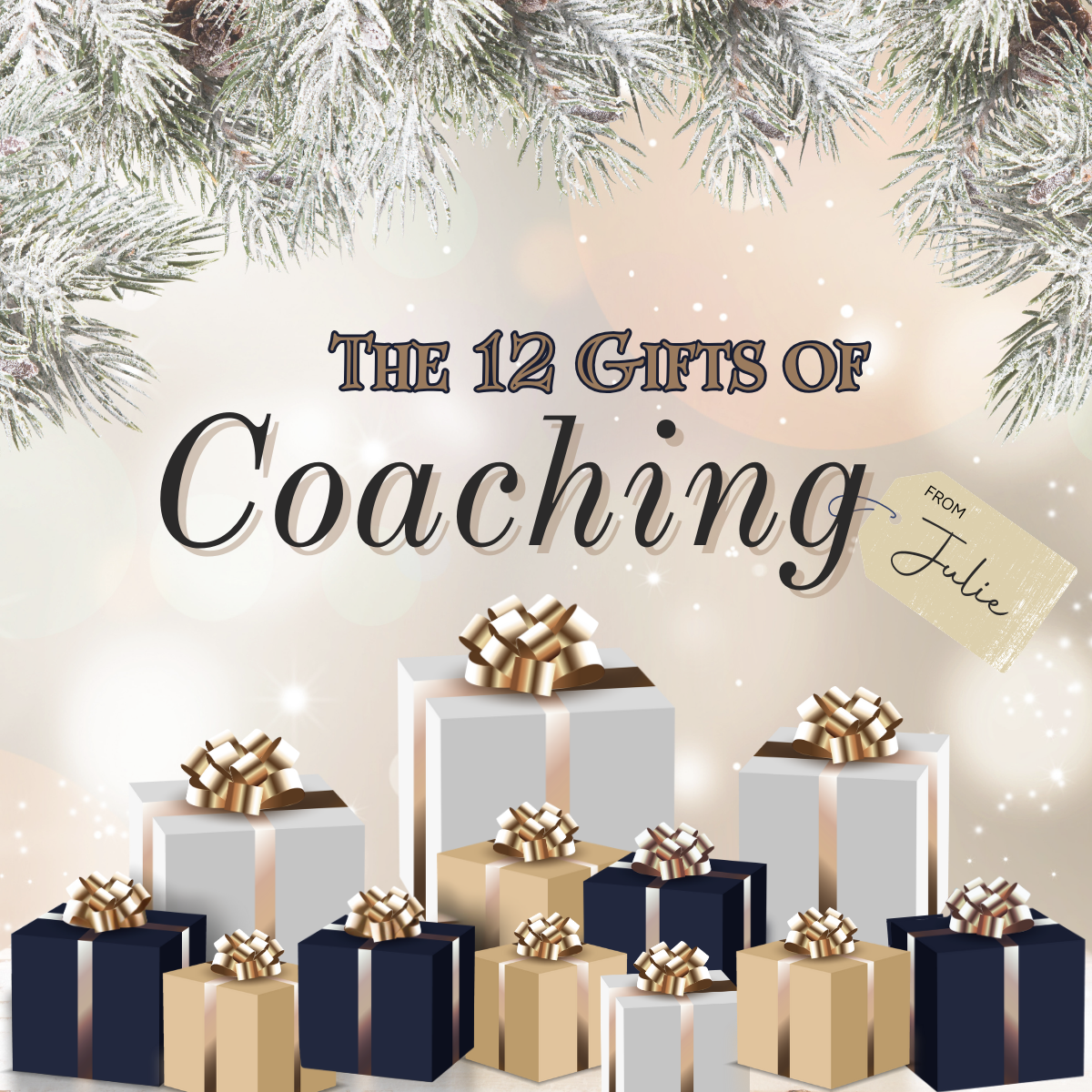 an image of a snowy and evergreen bordered background with wording that says "The 12 Gifts of Coaching" From Julie and has 12 gifts or presents displayed