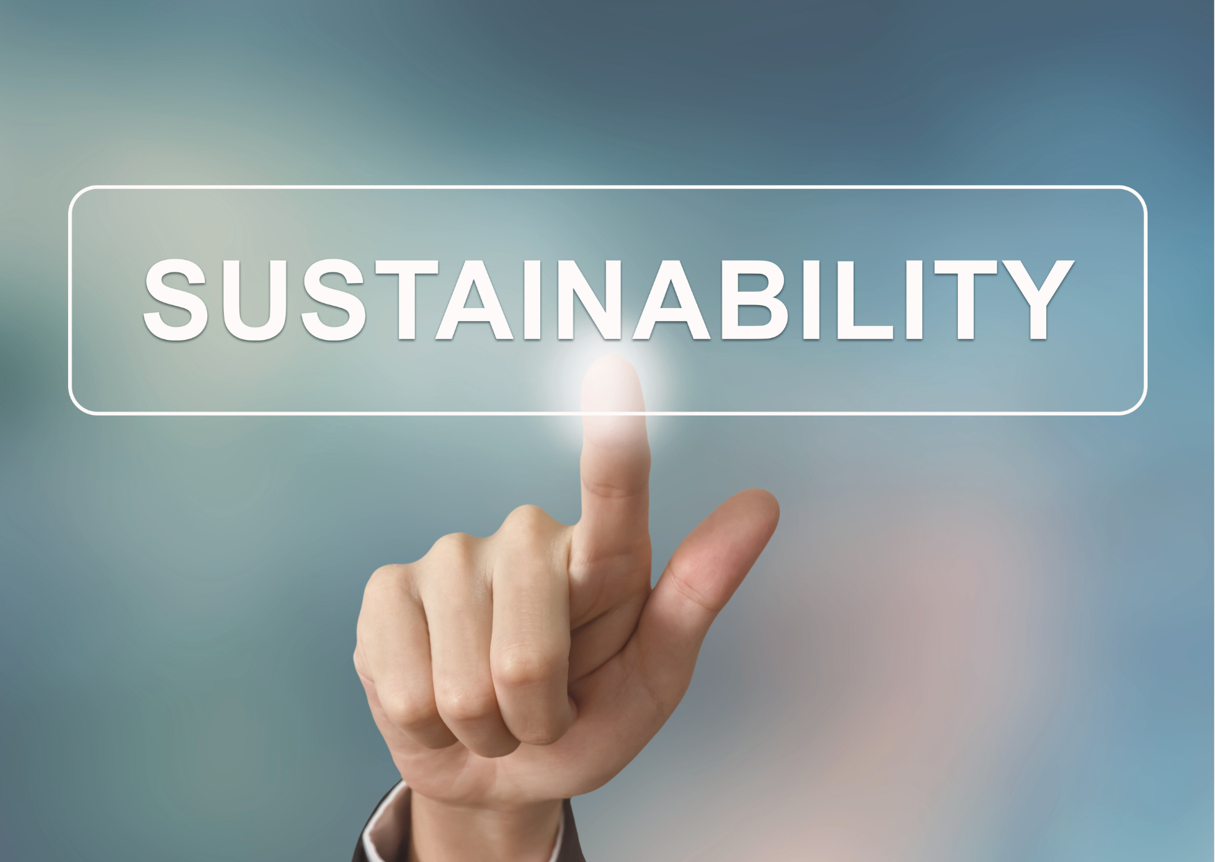 An image on a blue background with a hand pressing on the word sustainability