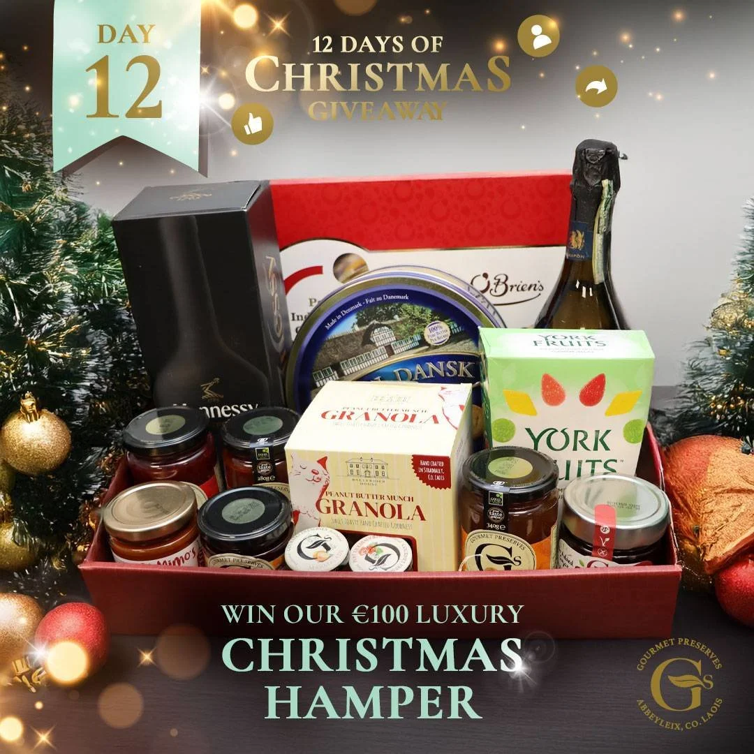 Day 12 of Christmas is here ✨ Our final Giveaway. 

Win a &euro;100 Luxury Christmas Hamper filled to the brim with your G&rsquo;s Gourmet Jams Favourites, drinks, chocolates and other sweet treats to really get into the Christmas spirit!

It&rsquo;s