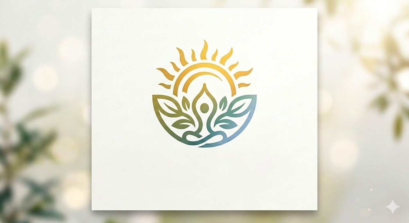 A colorful abstract logo featuring a person sitting in a yoga pose surrounded by leaves, a sun above, and a rainbow in the background, symbolizing wellness and nature.