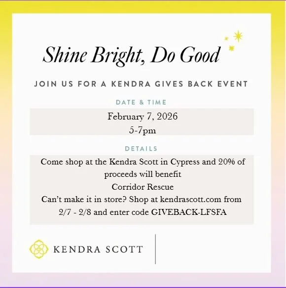 ✨ It&rsquo;s Not Too Late to Treat Someone Special! ✨

You can still support Corridor Rescue by shopping the Kendra Scott Give Back Event ONLINE TODAY 🐾

💻 Shop online today only
🛍 Use code GIVEBACK-LFSFA at checkout

Whether you&rsquo;re picking 