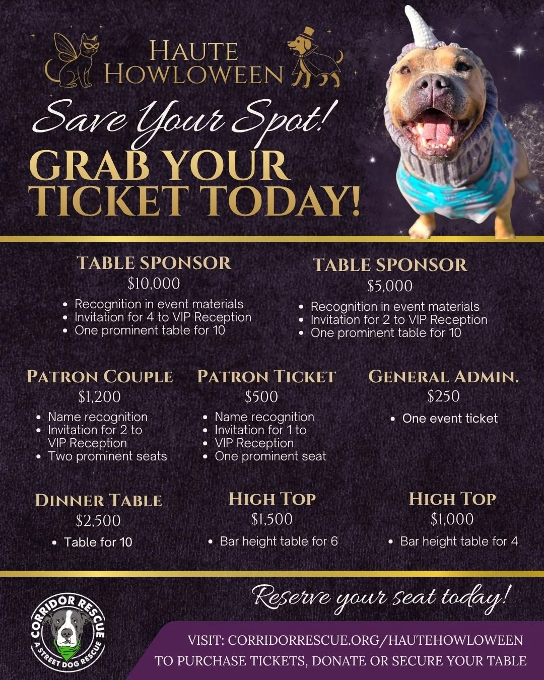 Tickets and sponsorships are on sale now! Grab yours before they sell out. All funds go to support the dogs of Corridor Rescue. 

Event to be held at @ballroomhouston 
The Ballroom at Bayou Place
6:30pm-10:00pm 
Oct 31, 2026

#foragoodcause #dogs #fu