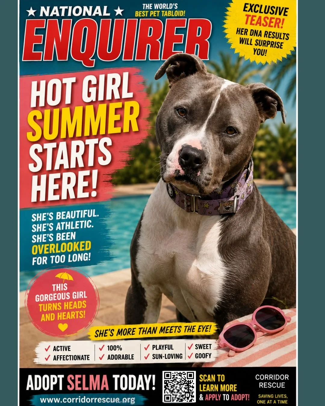 🧬 FILE #6: SELMA

☀️ HOT GIRL SUMMER STARTS HERE ☀️
Honestly, she&rsquo;s basically a fitness influencer trapped inside a rescue dog.
Check out that Marilyn-Monroe-esque beauty spot on her muzzle - Wisdom Panel revealed that is her 1% Dalmatian comi