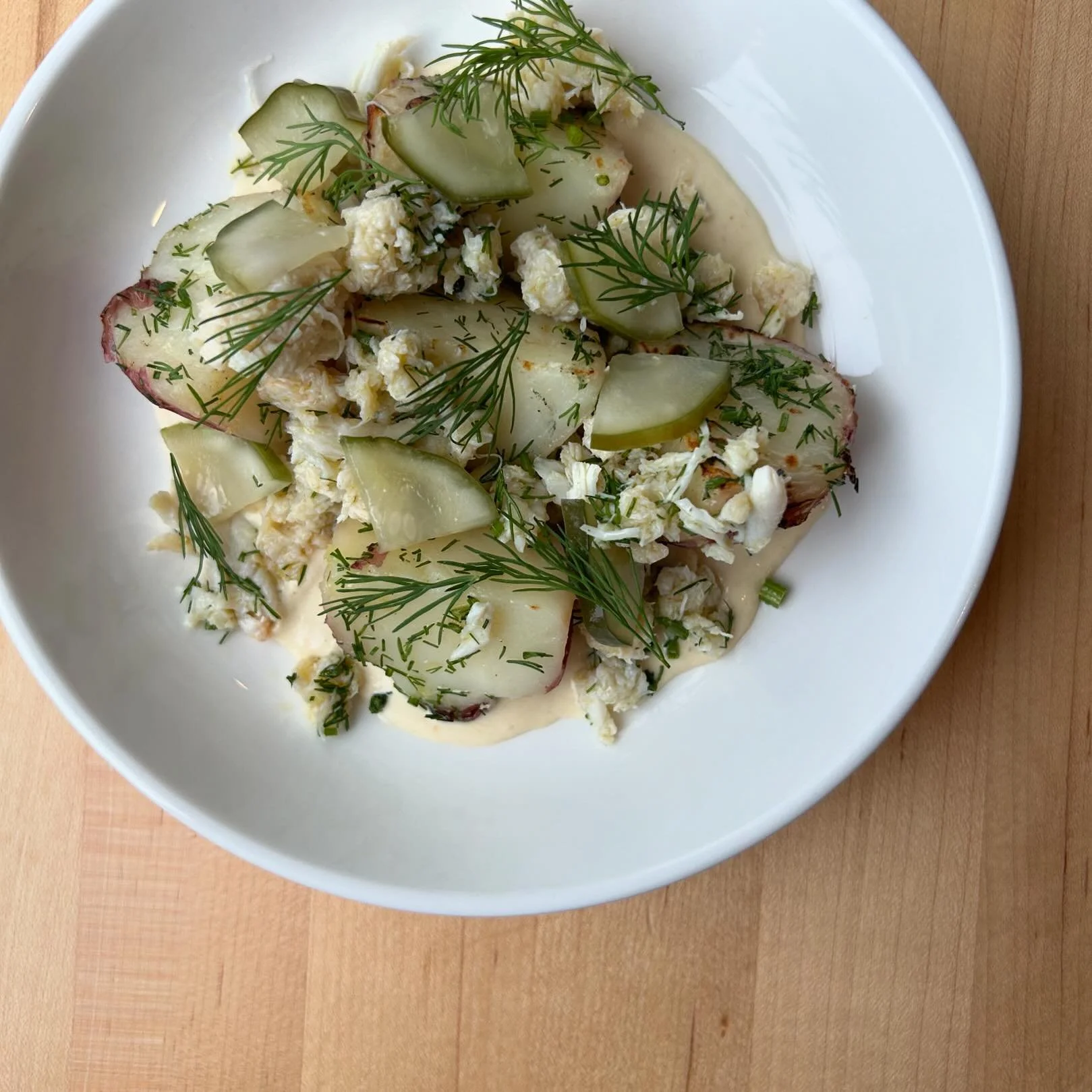 New potatoes, smoked swordfish belly aioli and blue crab.