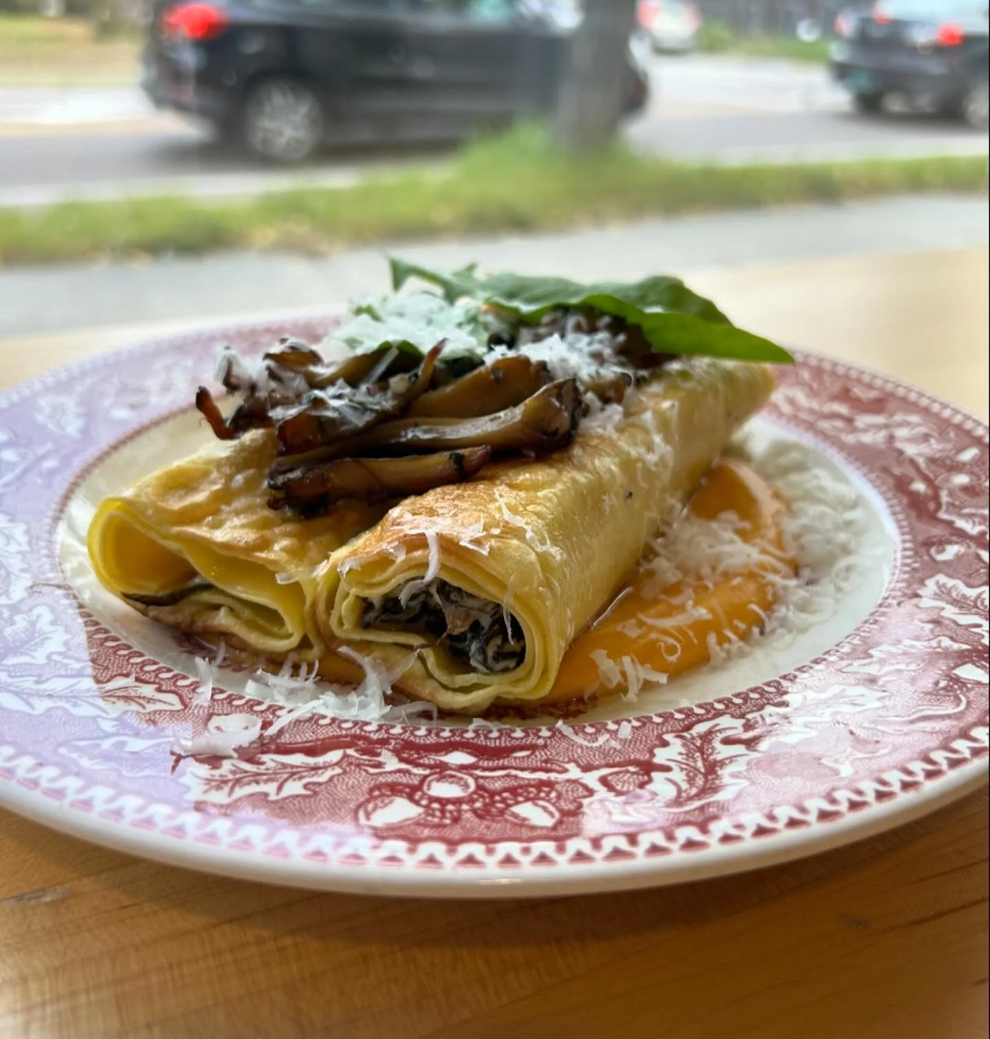 A little late fall deliciousness.  Foraged maitake &amp; kale  cannelloni, sweet potato, aged goat cheese.