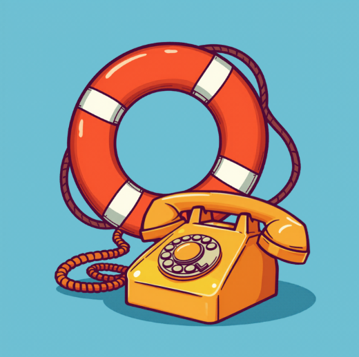 A vintage yellow rotary phone with a cord, placed in front of an orange life preserver with white accents and a rope, set against a blue background.