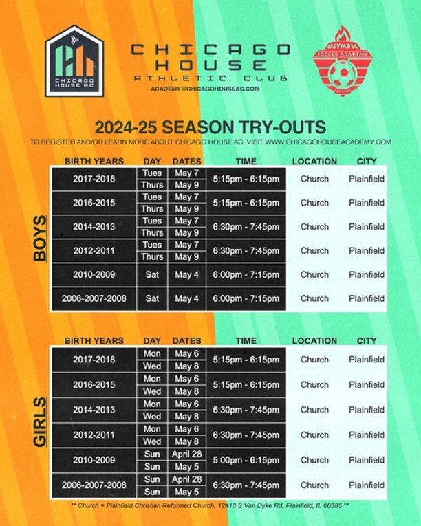 Tryouts for the for the 2024-25 season are just around the corner. Be sure to register as soon as possible. 

Academy website: www.chicagohouseacacademy.com

Registration link: https://registration.teamsnap.com/form/4049

#UpTheHouse 🧡🖤💚