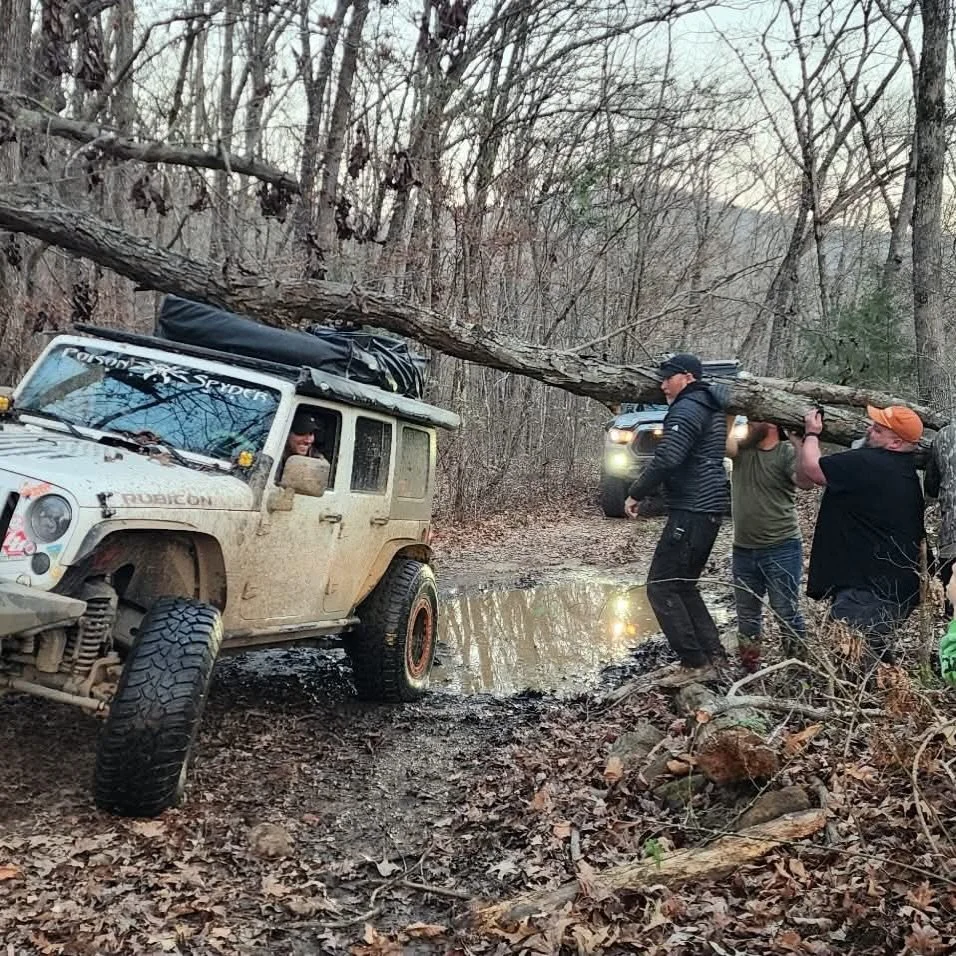 This dude drove down from Illinois for one of my member trips and a tree literally fell on his rig while we were on a trail. Fortunately he&rsquo;s OK. His tent was demolished, but it saved his Jeep. None of us had a chainsaw 🤦🏻 so we ended up havi