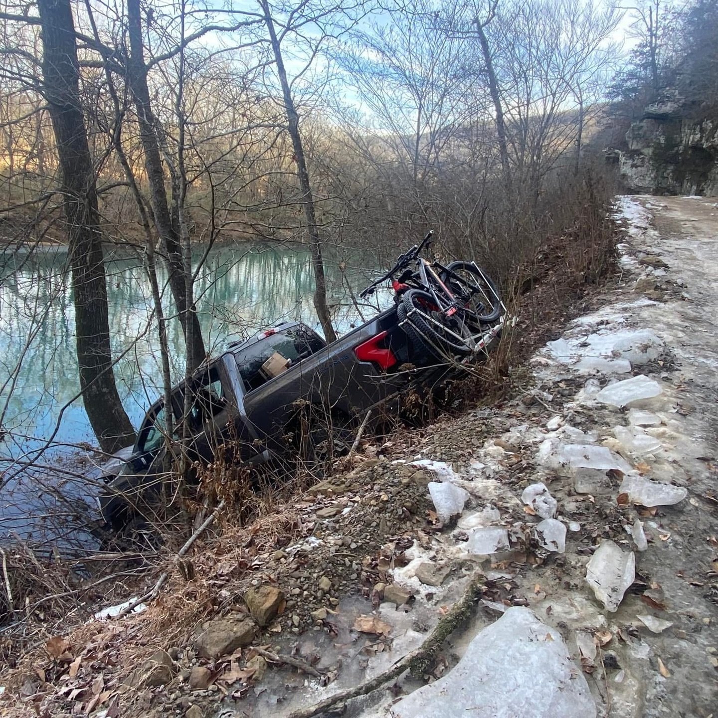 Some of you guys may remember when this Ford slid off the trail during the ice storm last year. I just uploaded a video on the channel of me attempting the same spot during a freeze. Spoiler: I didn&rsquo;t make it either. Check out &ldquo;The Ozark 