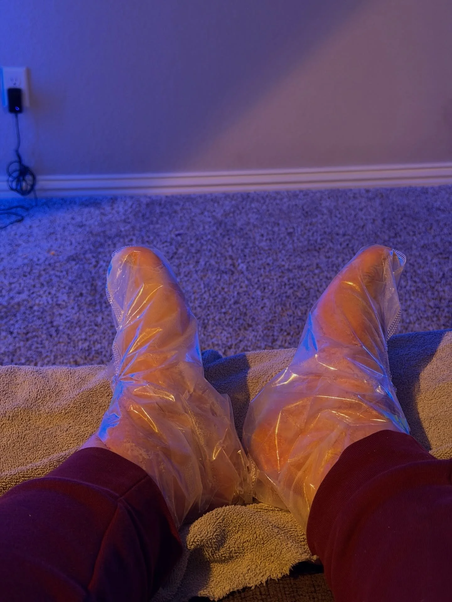 Summer told me my feet were gross, rubbed them with a rock and put slimy bags on them. Never heard of a foot mask until tonight. Feels more like marinating the worst dinner ever.