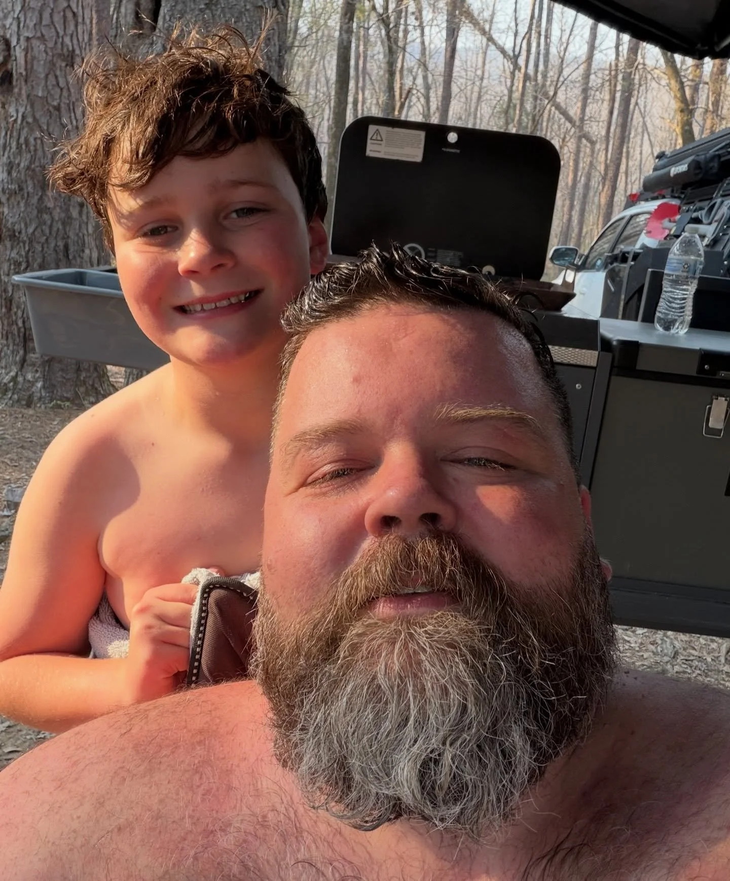 Post morning Mulberry cold plunge. Hurts so good. There might be something to this insanity. Feeling great and bacon is a nice reward. Just me and the Hammer this weekend. Love this kid.