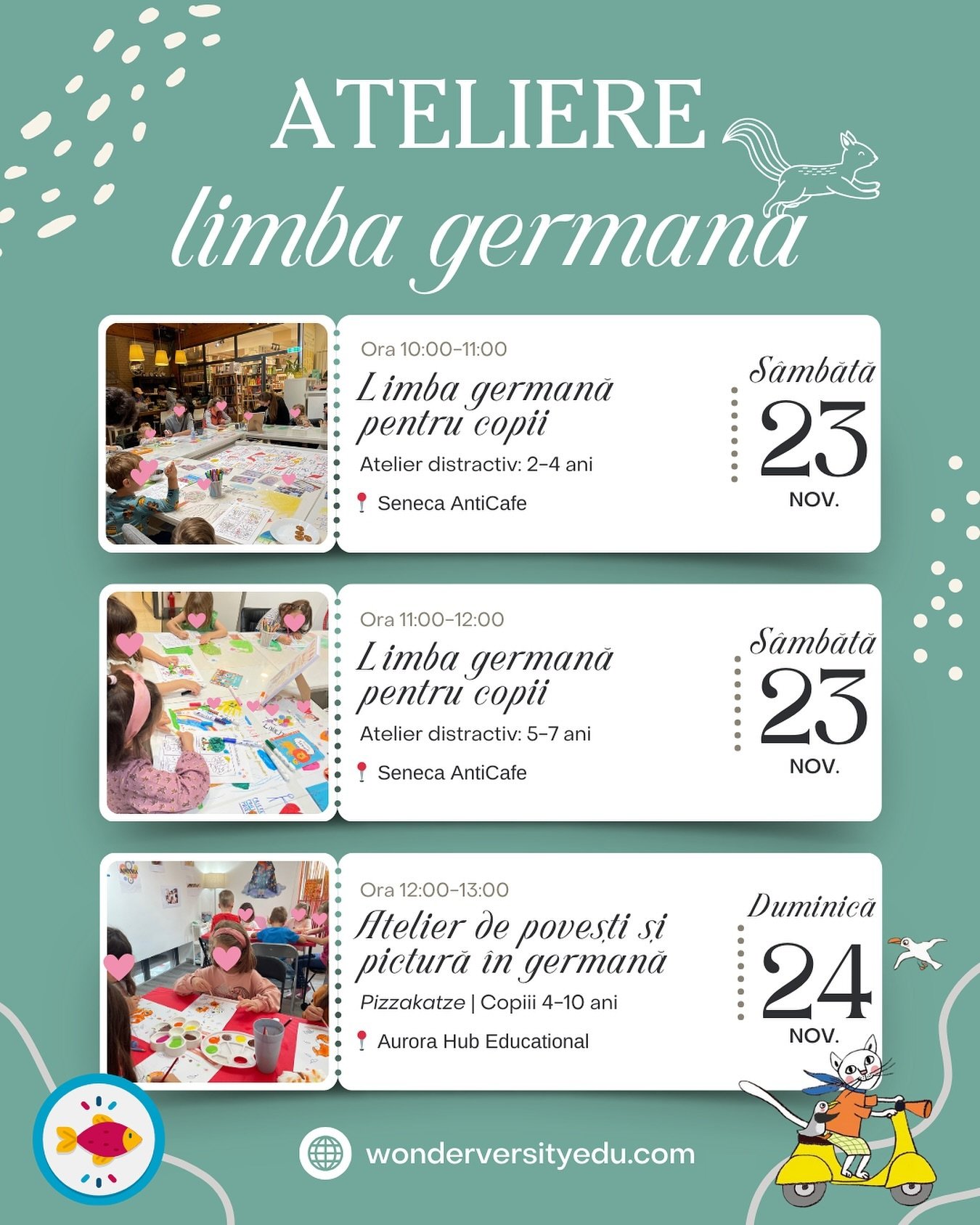 🐱🛵 Programul atelierelor de limba germană pentru copii, din acest weekend (23-24 noiembrie), se anunță delicios!

🔗 Hai pe site să alegi atelierul potrivit pentru copilul tău!

#limbagermana #pentrucopii #limbagermanapentrucopii #atelierecopiibucu