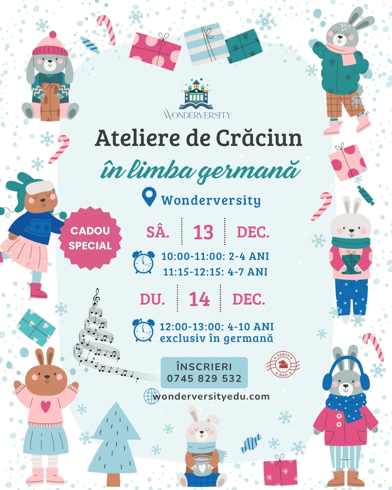 🌲✨ Spiridușii Moșului lucrează de zor ca Atelierele Speciale de Crăciun să fie magice ✨🌲

Au pregătit multe surprize: 
📚 poveste de Crăciun și jocuri de vocabular 
🎵 colinde &icirc;ntr-o atmosferă de poveste 
🎄 decorațiuni personalizate
🍊 gustă