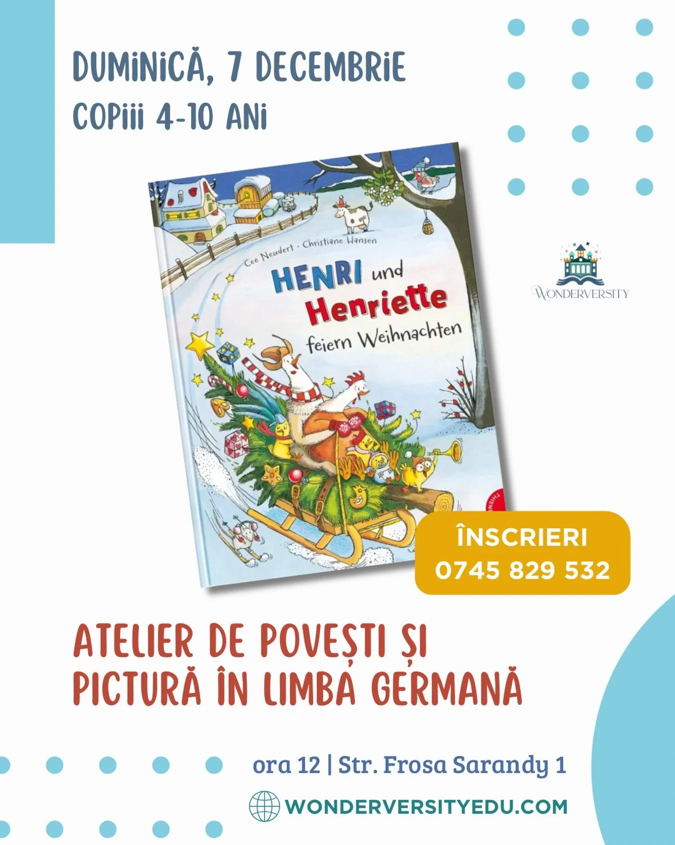 🐓🎄 E iarnă la fermă și toate animalele se cuibăresc. Doar cocoșul Henri are o grămadă de rezolvat p&acirc;nă la Crăciun. Nu vrea să-l ajute nimeni, dar cine s-a g&acirc;ndit că vor fi așa de multe lucruri de făcut?

🐥🎁 Povestea &bdquo;Henri und H