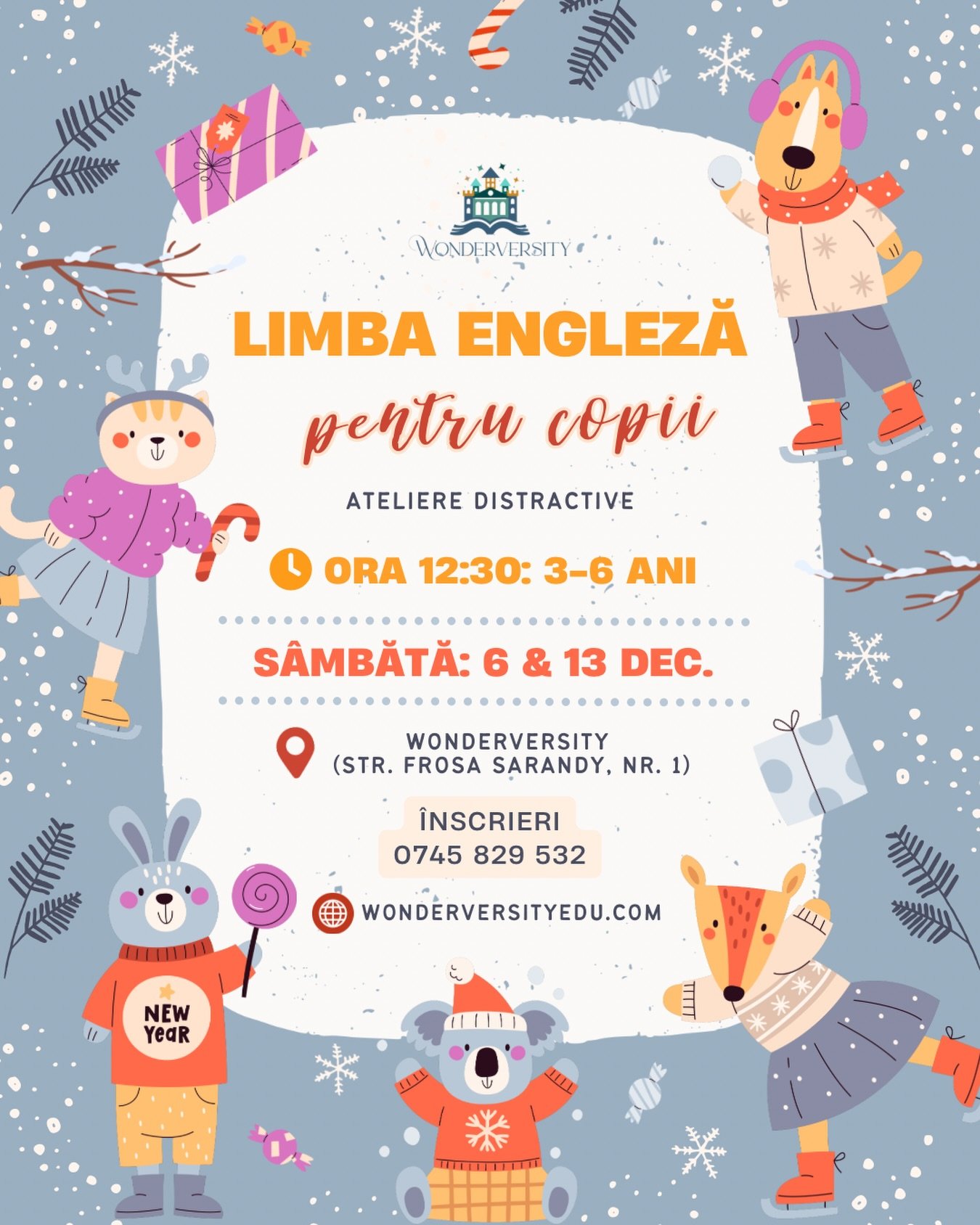 🇬🇧 Hai să &icirc;nvățăm limba engleză cu joc și voie bună, la atelierele distractive pentru copii, din decembrie!

C&acirc;nd și unde ne vedem?
🗓️ S&acirc;mbătă, 6 și 13 decembrie
🧸 ora 12:30-13:30: atelier distractiv pentru copiii 3-6 ani

📍 Wo