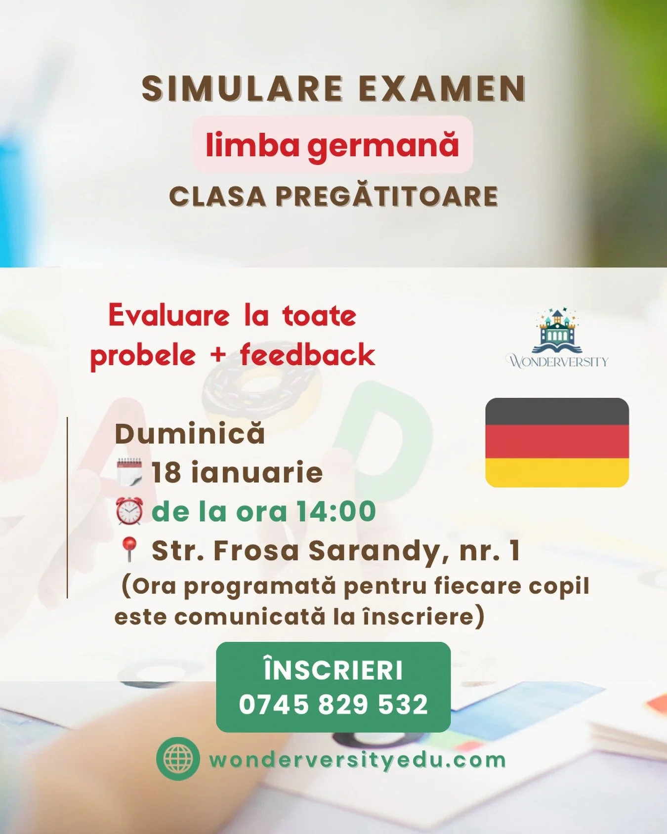 🇩🇪 Vă pregătiți să dați admiterea la o școală germană?

📚 Organizăm o nouă rundă de sesiuni individuale de evaluare, la toate probele solicitate pentru admiterea &icirc;n clasele de germană matern. 

💬 La final, vă oferim feedback punctual și sug