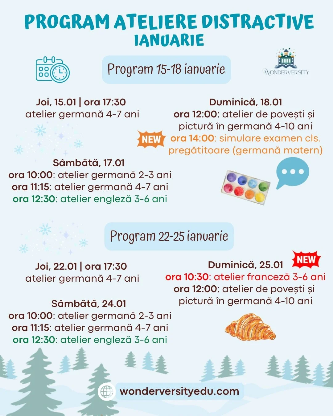 ❄️ Descoperă programul atelierelor de limba germană, engleză și franceză din ianuarie 🇩🇪🇬🇧🇫🇷

📍Wonderversity: str. Frosa Sarandy, nr. 1, bl. 33, sc. A, et. 6, ap. 24, sector 1

Mai multe detalii și &icirc;nscrieri:
📲 0745 829 532
📨 info@wond