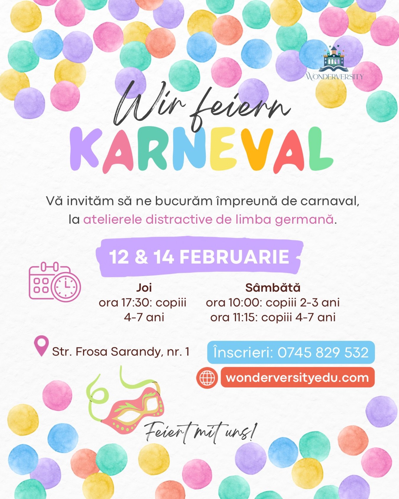 🎊 Săptăm&acirc;na viitoare sărbătorim das Karneval, la atelierele distractive de limba germană!

🎪 Copiii sunt invitați să vină costumați &icirc;n animalul sau personajul preferat.

C&acirc;nd și unde ne vedem?
🗓️ Joi, 12 februarie 
🎉 ora 17:30-1