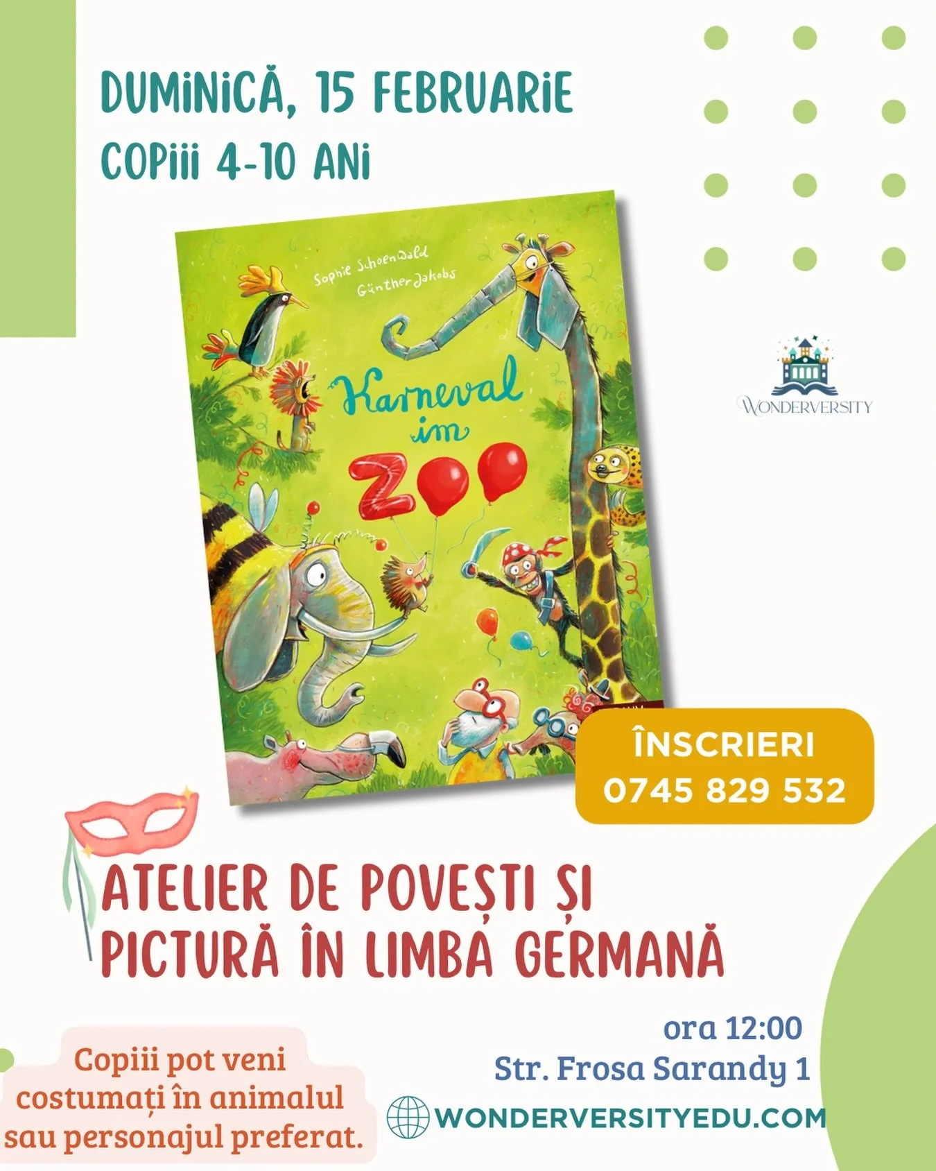 🎊🎈Grădina zoologică sărbătorește Carnavalul! Toate animalele s-au costumat, iar directorul grădinii trebuie să descopere cine este cine.

🎪🦒 Vă invităm cu bucurie la atelierul de povești și pictură, ediția de Karneval! Copiii sunt invitați să se 