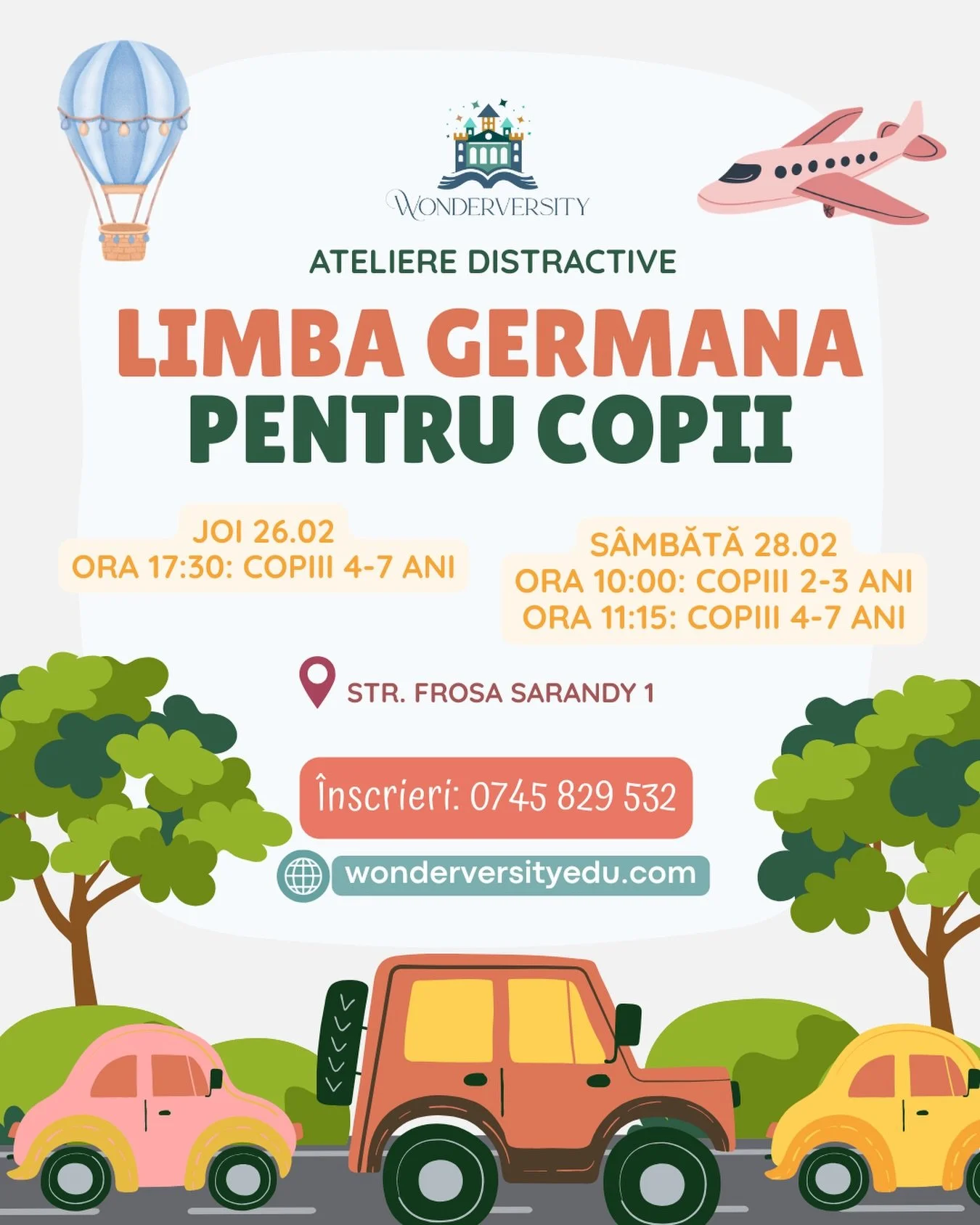 🇩🇪 Hai să &icirc;nvățăm &icirc;mpreună mijloacele de transport. Fiecare copil poate aduce p&acirc;nă la 3 mașinuțe de diverse tipuri, nave, avioane etc. 🚗🛵⛵️

C&acirc;nd ne vedem?
🗓️ Joi, 26 februarie 
✈️ ora 17:30-18:30: atelier copiii 4-7 ani
