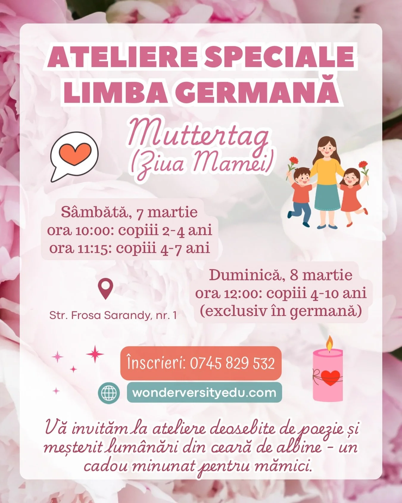 💝 Pregătim un cadou deosebit pentru mama, la Atelierele Speciale de limba germană.

Despre ce este vorba?
🕯️ Vom confecționa lum&acirc;nări din ceară de albine, pe care le vom decora frumos și vom &icirc;nvăța o poezie, care să-i topească inima mam