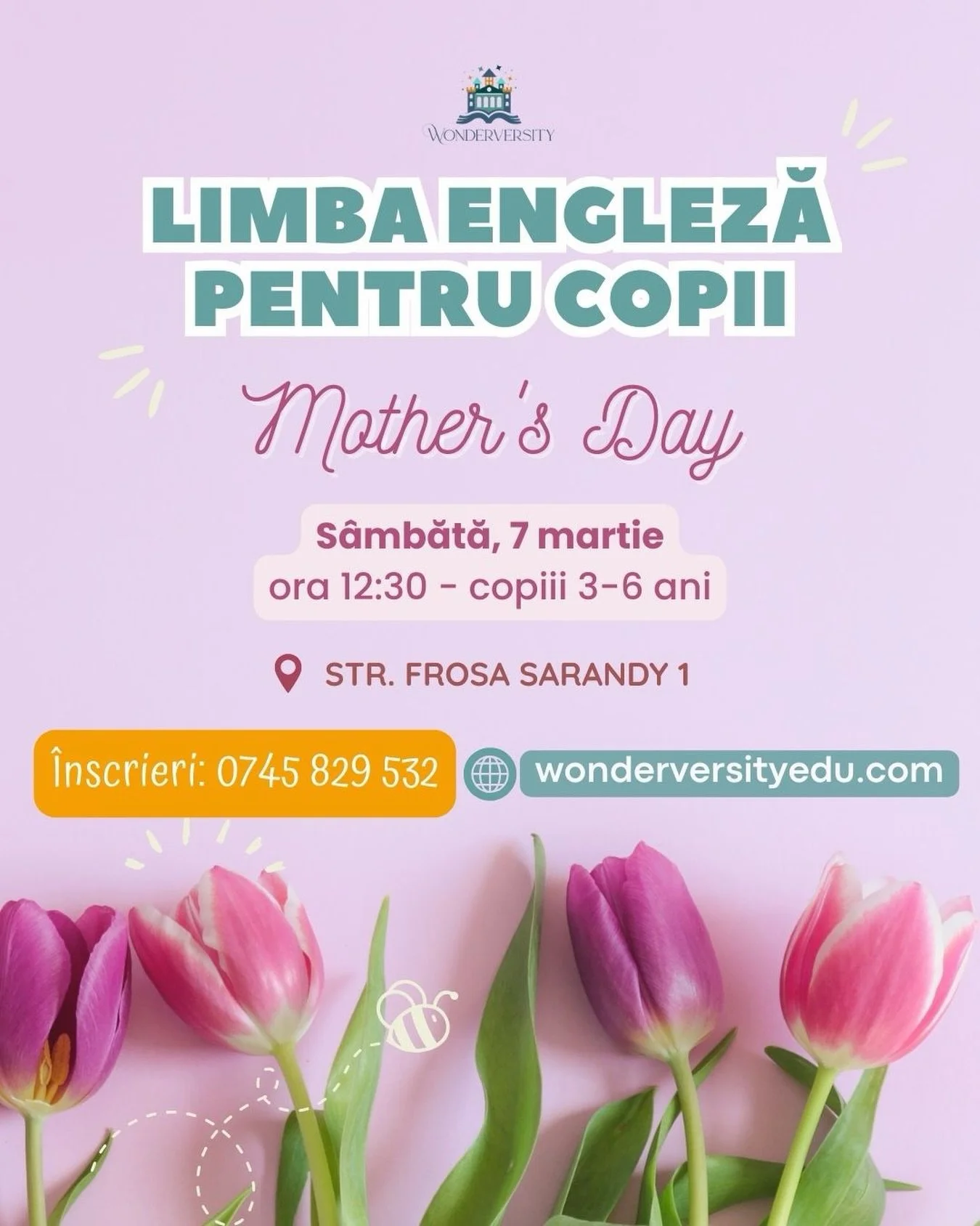 🌷 Limba engleză se &icirc;nvață cu inima deschisă, mai ales c&acirc;nd ne pregătim de Mother&rsquo;s Day. Vom descoperi o poveste &icirc;nduioșătoare și vom confecționa un cadou minunat.

C&acirc;nd și unde ne vedem?
🗓️ S&acirc;mbătă, 7 martie
🌸 o