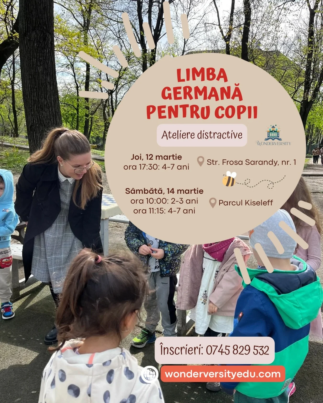 🐝 Haideți să descoperim semnele primăverii, &icirc;n parcul Kiseleff. Aerul curat, c&acirc;ntecele, jocurile și activitățile pregătite ne &icirc;mbie să &icirc;nvățăm germană și să ne bucurăm de prezența celorlalți.

🗓️ S&acirc;mbătă, 14 martie
🪻 