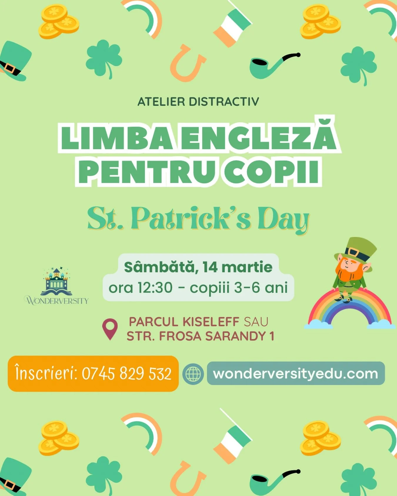 🍀 Limba engleză devine o mică aventură de St. Patrick&rsquo;s Day. Descoperim cuvinte noi, simboluri norocoase și povești vesele. La final, vom afla că adevărata comoară nu este aurul de la capătul curcubeului, cu bucuria de a &icirc;nvăța &icirc;mp