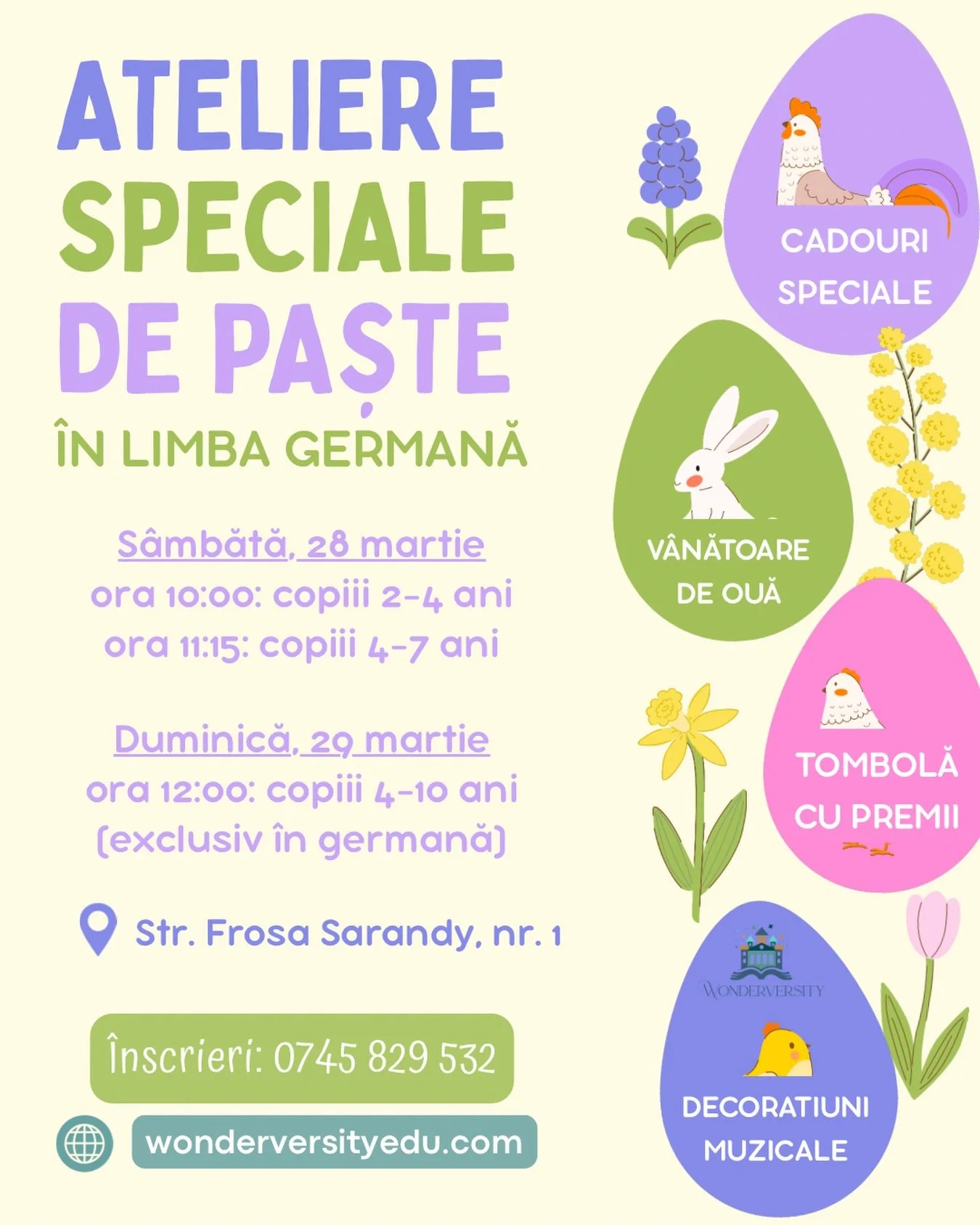 🐰 Der Osterhase macht sich fit! Iepurașul se pregătește pentru iubitele noastre Ateliere Speciale de Paște, &icirc;n limba germană.

Ce activități vom avea?
🥕 Ne vom familiariza cu vocabularul specific prin c&acirc;ntece și jocuri și vom vorbi desp