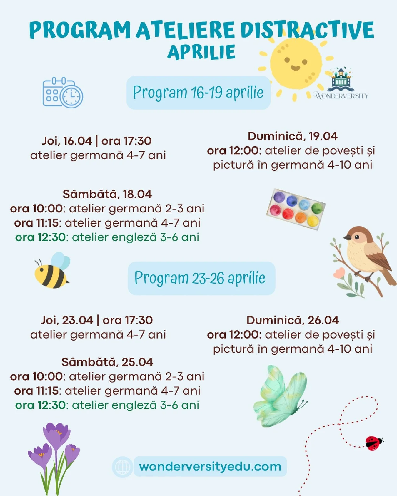 🐝 De săptăm&acirc;na aceasta, revenim la programul nostru obișnuit. Descoperă atelierele lunii aprilie:

🍓 Atelierele distractive de limba germană pentru copiii &icirc;ncepători/ cu nivel mediu sunt &icirc;n fiecare s&acirc;mbătă. Tema lunii aprili