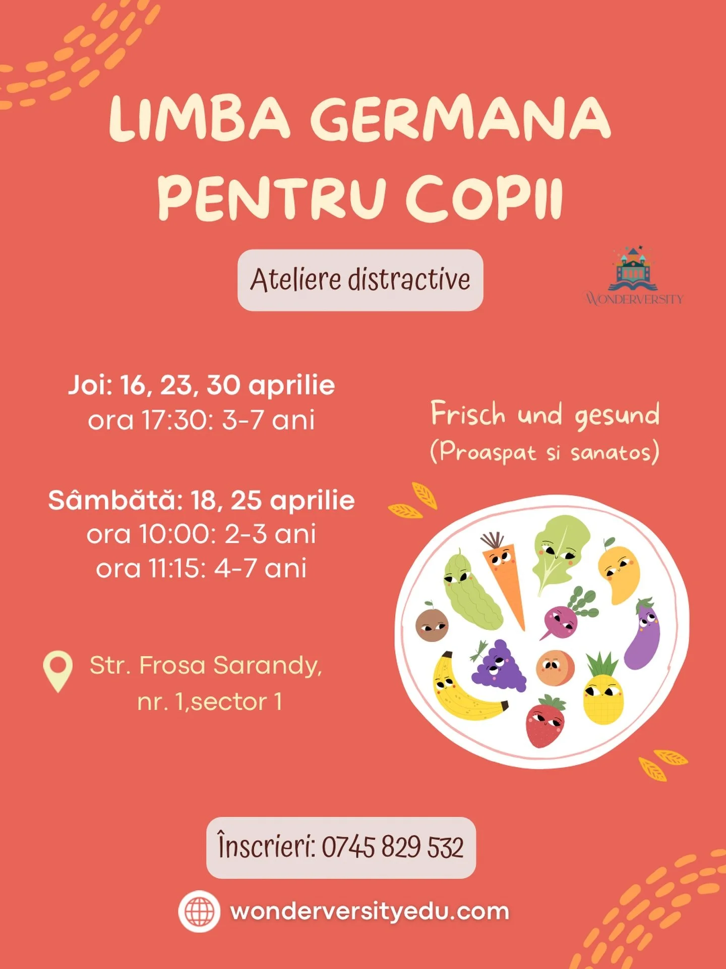 🇩🇪 Hai să &icirc;nvățăm limba germană &icirc;mpreună, cu joc și voie bună!

🍓 Tema lunii aprilie este &bdquo;Frisch und gesund&ldquo; (Proaspăt și sănătos).

C&acirc;nd ne vedem la atelierele distractive?
🗓️ Joi
🍎 ora 17:30-18:30: atelier copiii