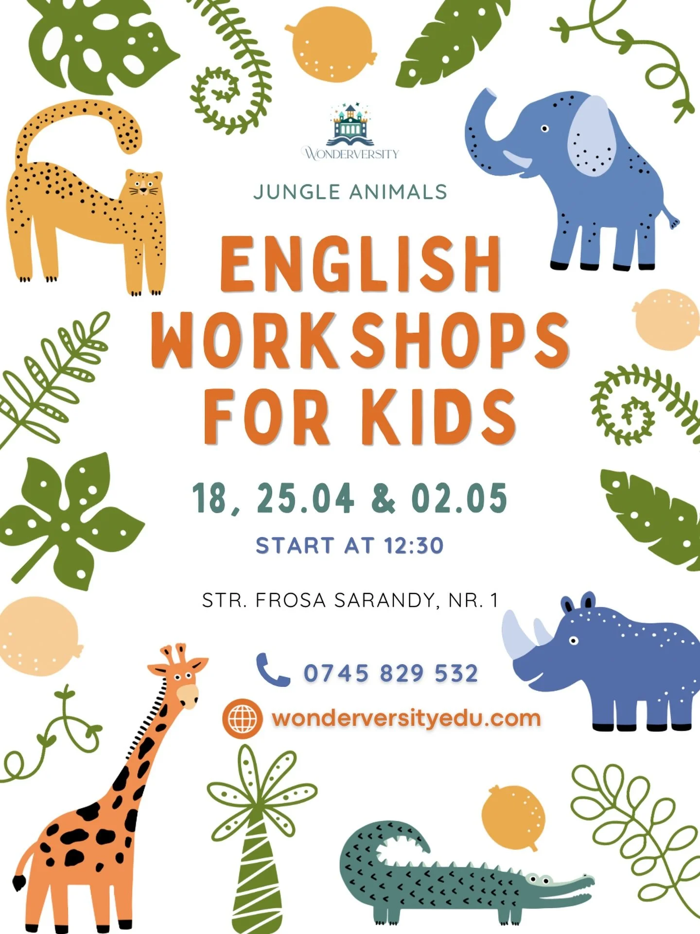 🌴🐒 Hai să explorăm &icirc;mpreună fascinanta junglă, la atelierele distractive de limba engleză. &Icirc;nvățăm prin joacă, imaginație și multă voie bună.

C&acirc;nd și unde ne vedem?
🗓️ S&acirc;mbătă: 18, 25 aprilie, 2 mai
🦒 ora 12:30-13:30: ate