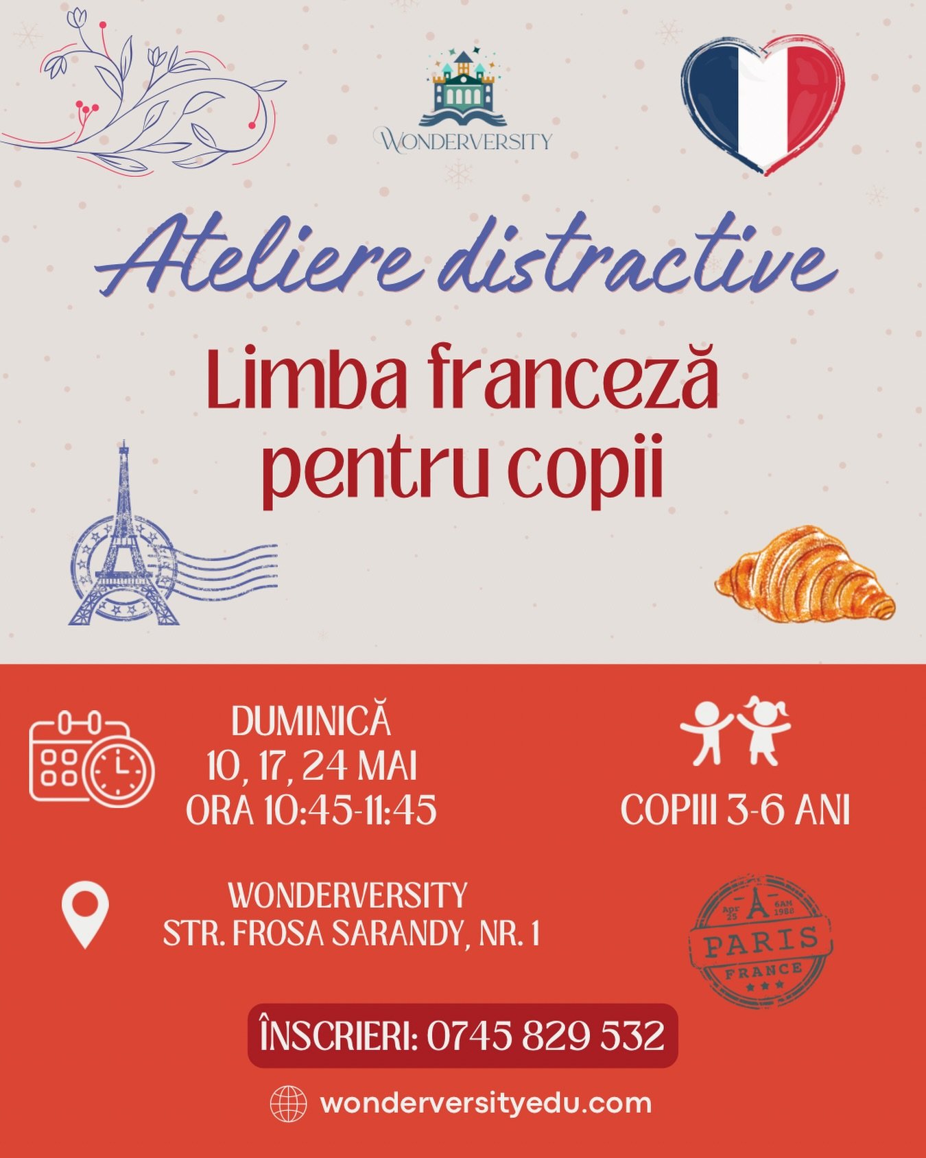 🇫🇷 Bonjour! Limba franceză se &icirc;nvață ușor și cu z&acirc;mbetul pe buze, la atelierele distractive pentru copii.

C&acirc;nd &icirc;ncepem?
🗓️ Duminică: 10, 17, 24 mai
🥐 ora 10:45-11:45: atelier distractiv pentru copiii 3-6 ani

📍 Wonderver