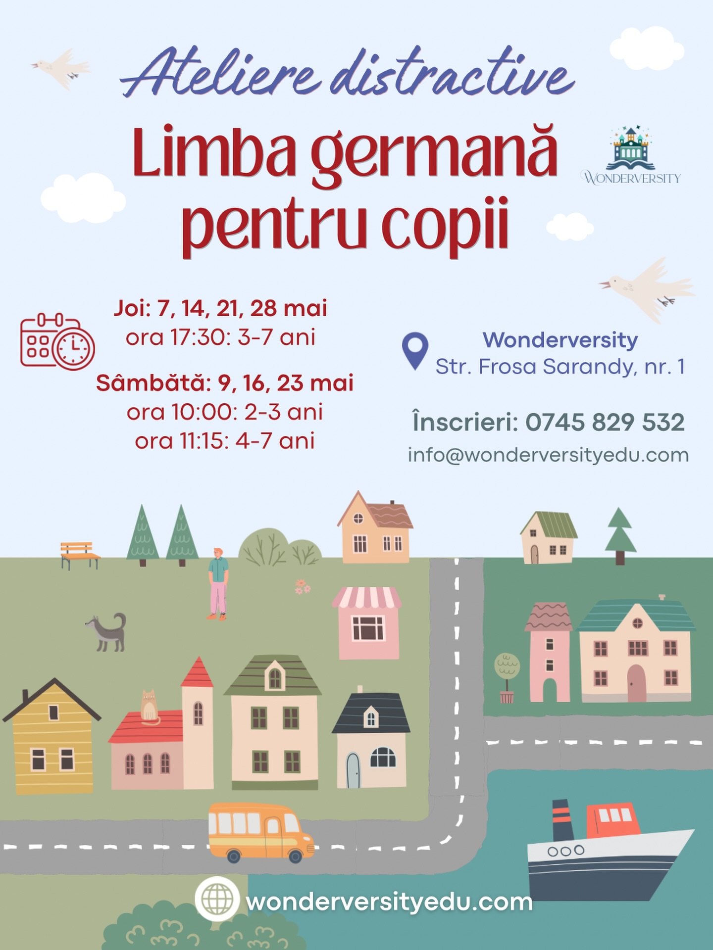 🇩🇪 Hai să &icirc;nvățăm limba germană &icirc;mpreună, cu joc și voie bună!

🏙️ Tema lunii mai este &bdquo;In der Stadt&ldquo; (&Icirc;n oraș).

C&acirc;nd ne vedem la atelierele distractive?
🗓️ Joi: 7, 14, 21, 28 mai
🪀 ora 17:30-18:30: atelier c