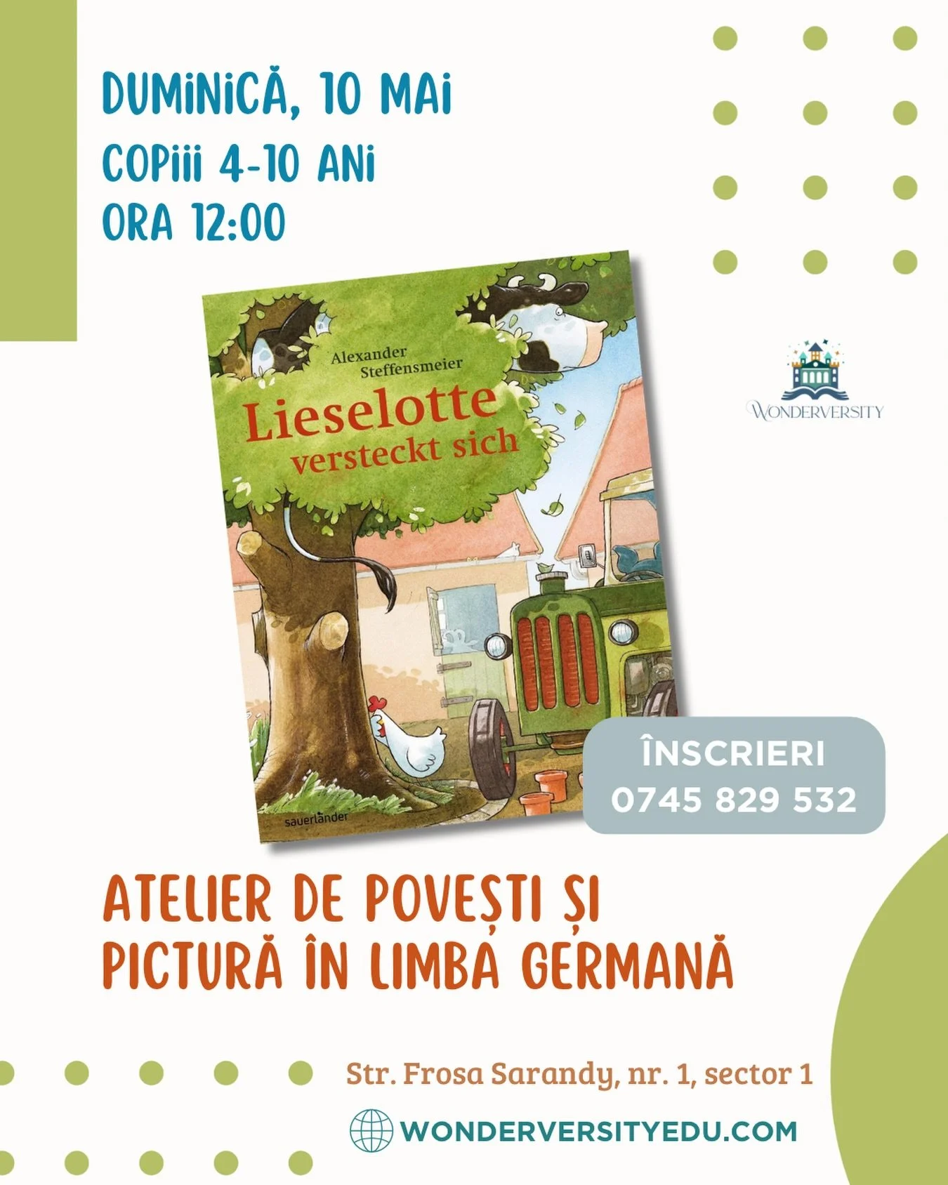 🐓🌳 Văcuța Lieselotte se joacă cu prietenii ei și reușește să găsească cea mai bună ascunzătoare - &icirc;n copac. Nu mai poate cobor&icirc; așa că, r&acirc;nd pe r&acirc;nd, toți urcă să o ajute. Oare va mai reuși cineva să coboare?

🐮🧺 Cartea &b