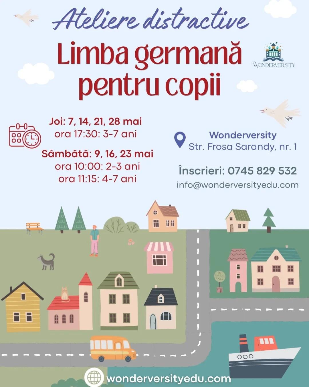 📚 Descoperă programul atelierelor distractive pentru copii &icirc;n limba germană, engleză și franceză!

⭐️ Pregătim noi activități creative și educative, jocuri antrenate și povești amuzante, &icirc;n fiecare săptăm&acirc;nă.

🇩🇪 Joi, ora 17:30 -