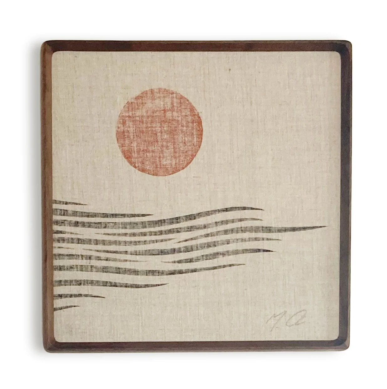 MATTHEW ALLEN  
Lakeside (2026)  
12” x 12”  
Hand-carved block print on linen  
Framed in walnut  
$800