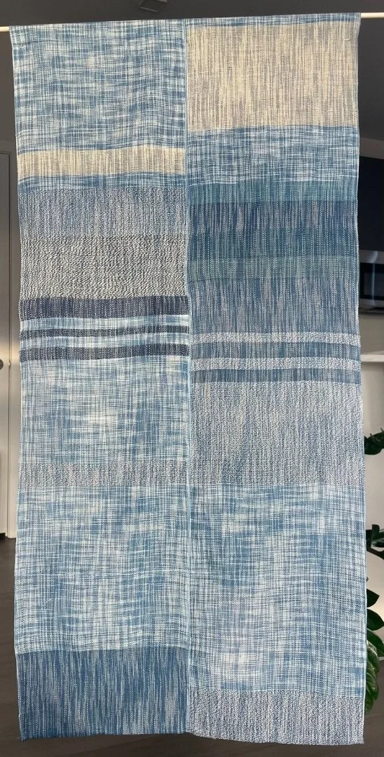 ANNIE MILLICAN  
Peace Panel 1 (2025)  
18" x 35"  
Handwoven double weave. Cotton, linen, wool. Naturally dyed indigo and foxfibre naturally-colored cottons  
$850