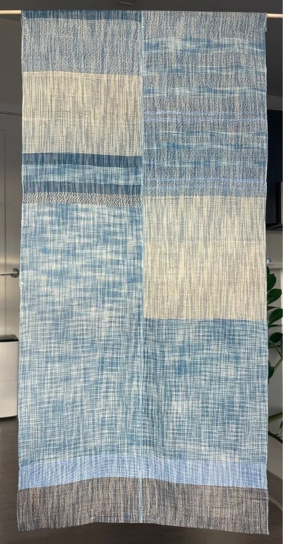 ANNIE MILLICAN  
Peace Panel 2 (2025)  
18" x 35"  
Handwoven double weave. Cotton, linen, wool. Naturally dyed indigo and foxfibre naturally-colored cottons  
$850