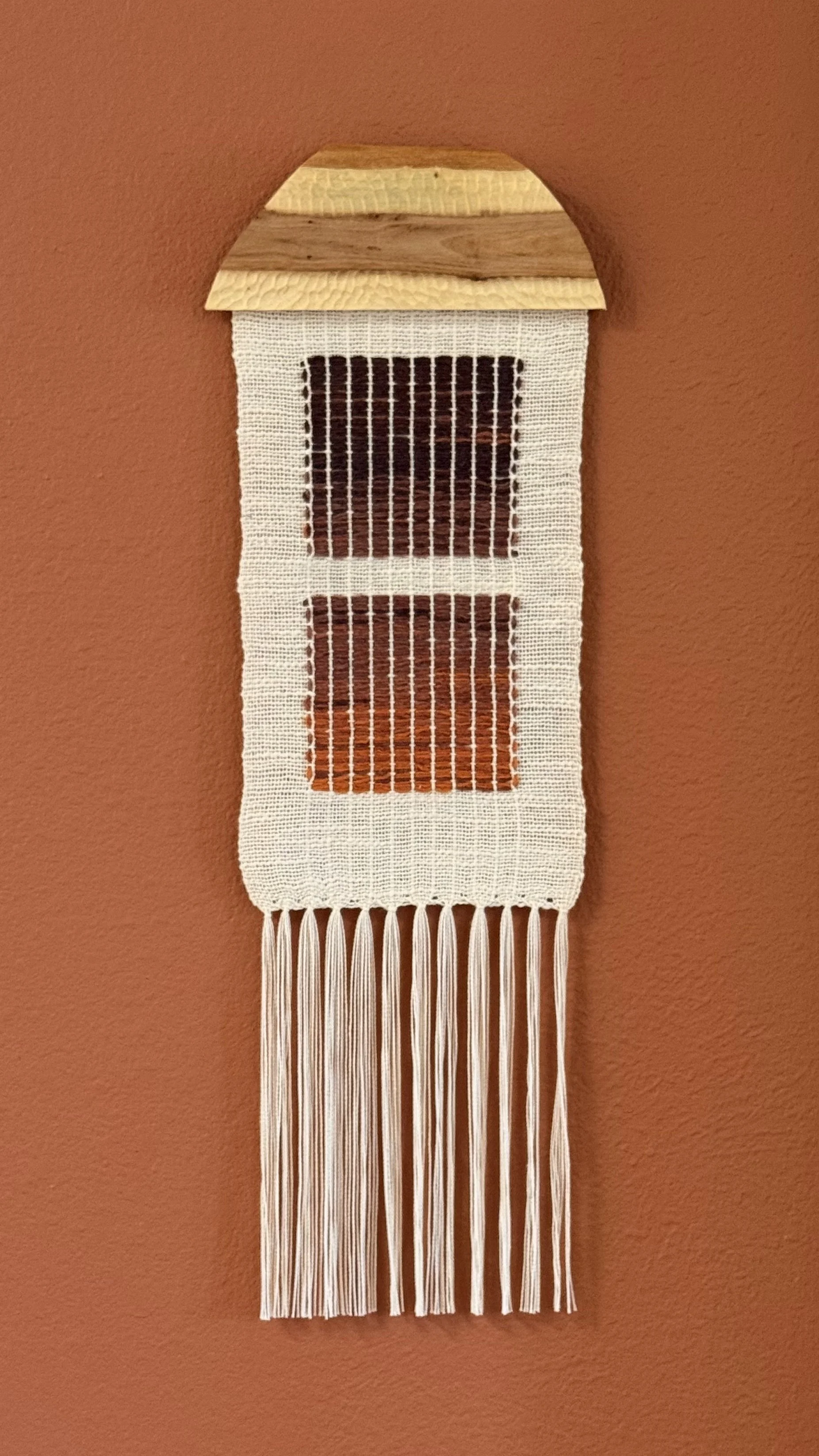 SEDONA RIGSBY  
Last Light Sky 3 (2025)  
7" x 24", with a 8" wide hanger, includes fringe  
Cotton, naturally dyed churro wool, wood
$340