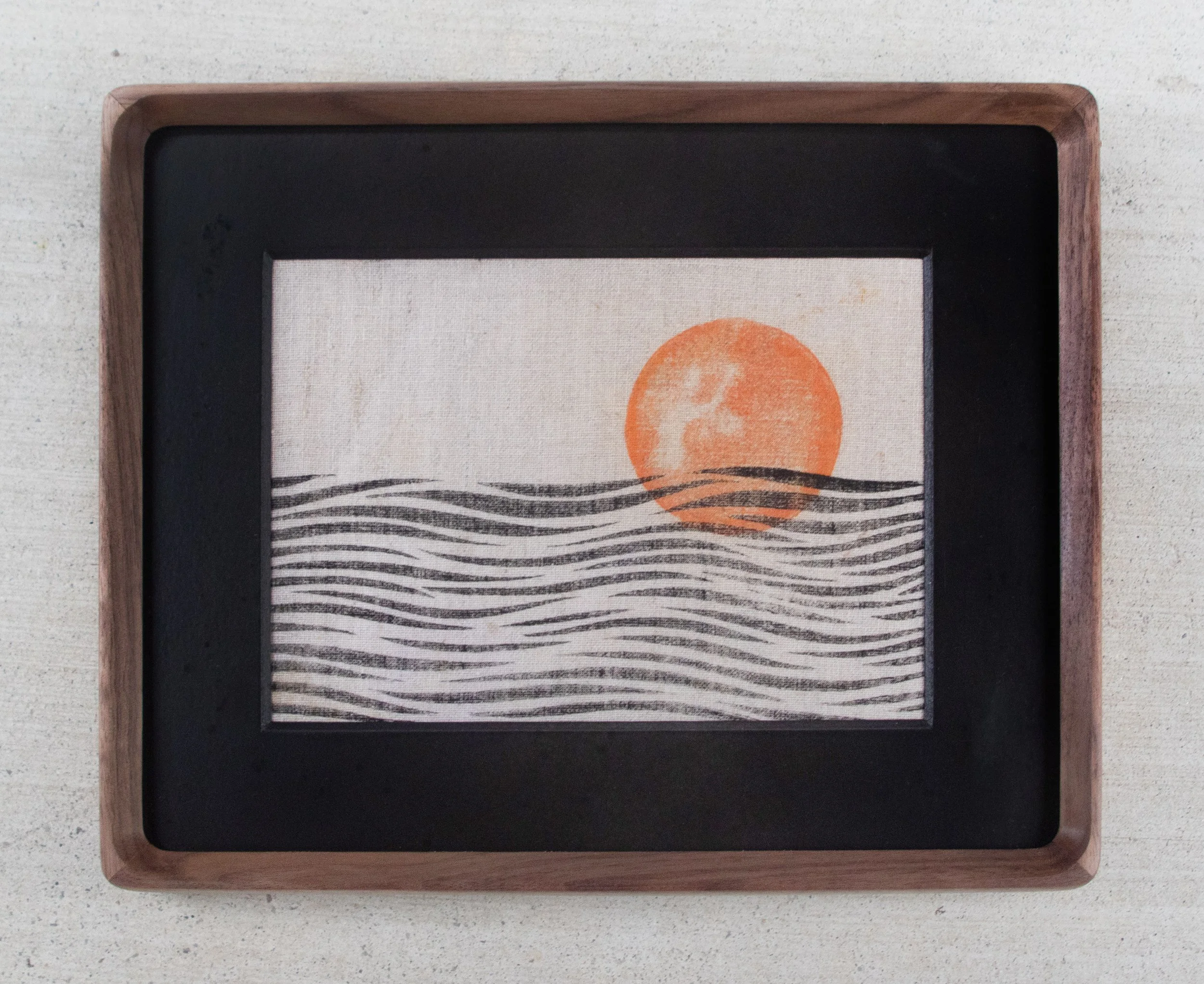 MATTHEW ALLEN  
Sun Lake (2025)  
8” x 10” Framed  
Hand carved block print on linen, framed in walnut  
$400