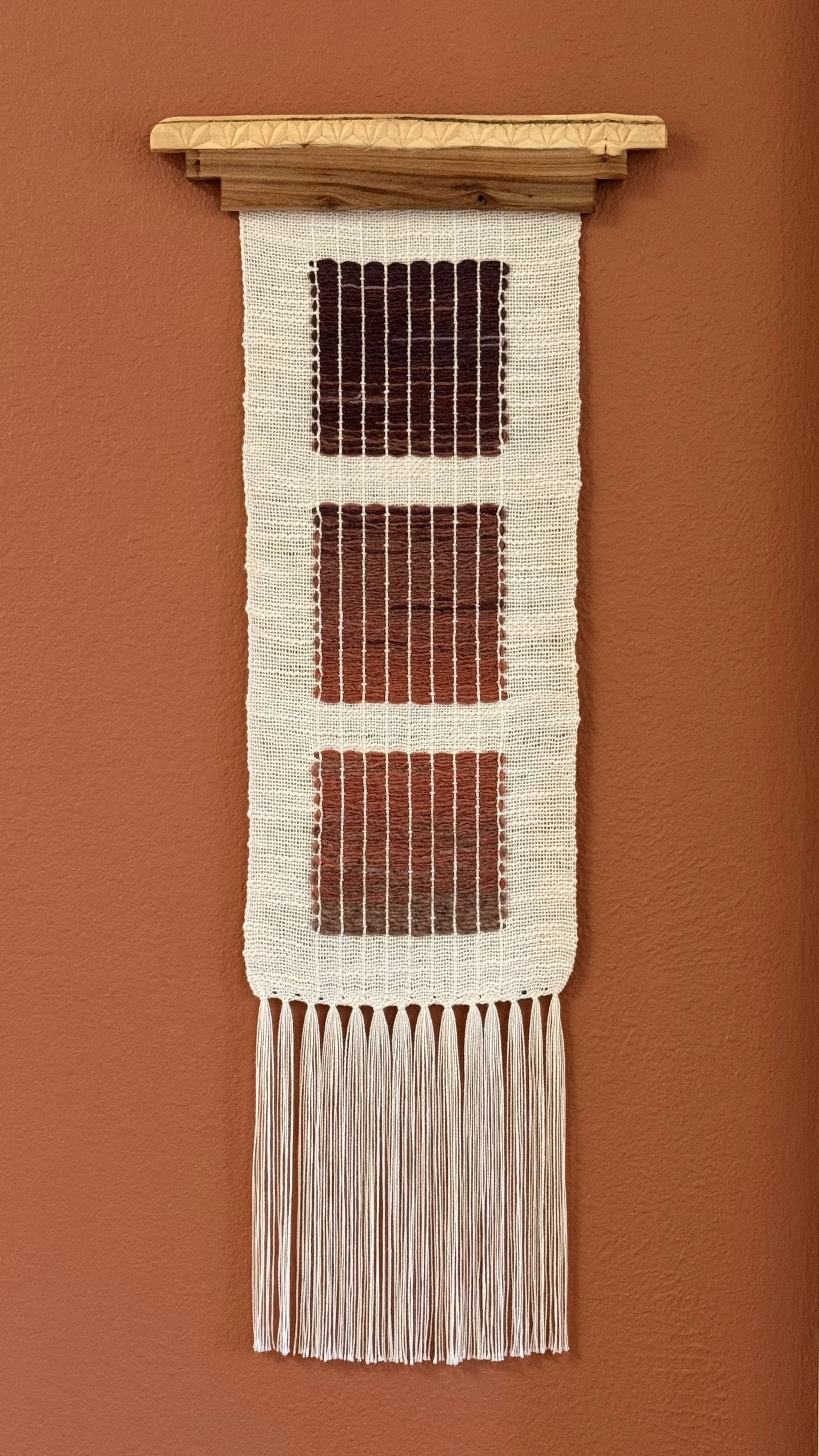 SEDONA RIGSBY  
Last Light Sky 1 (2025)  
8.5" x 31", with a 12.5" wide hanger, includes fringe  
Cotton, naturally dyed churro wool, wood  
$400