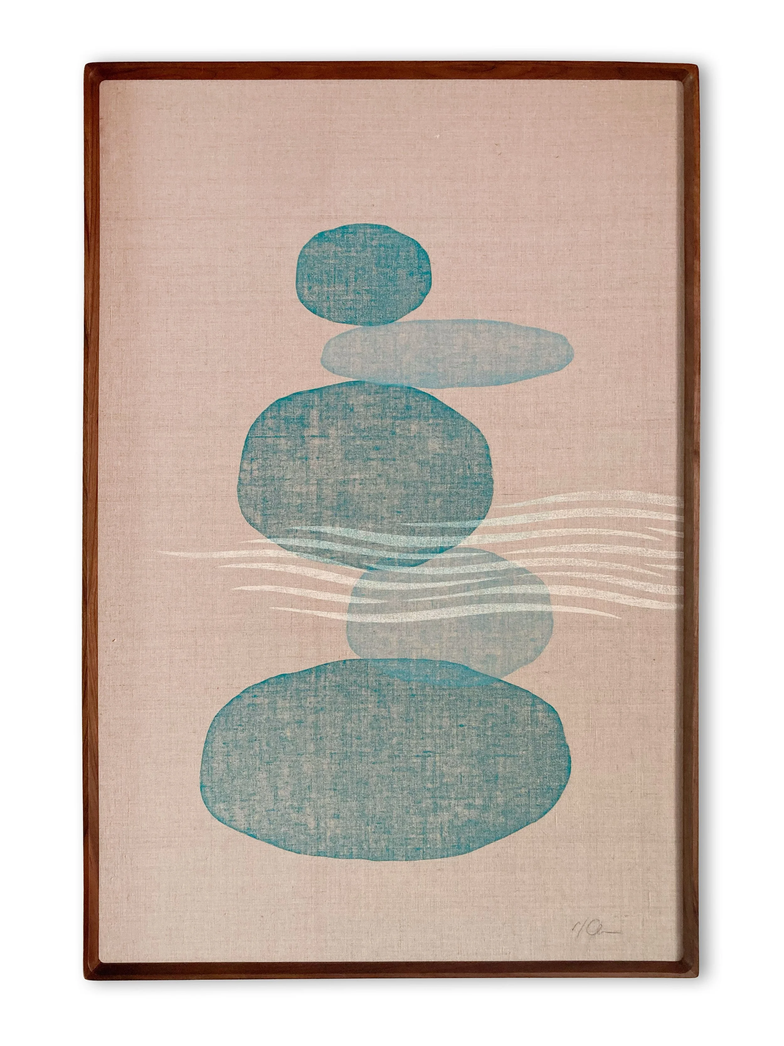 MATTHEW ALLEN  
Stones (2026)  
24” x 36”  
Hand-carved block print on linen  
Framed in walnut  
$2,800