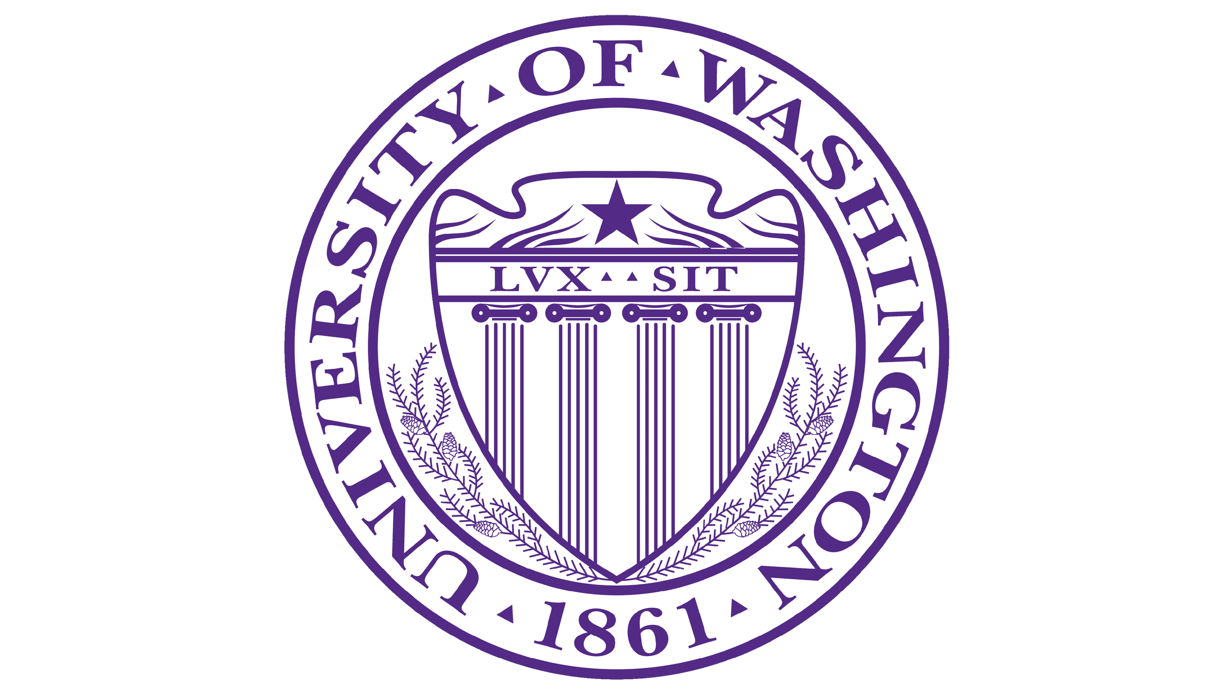 Seal of the University of Washington, featuring a shield with four pillars, a star, and the Latin motto "Lux Sit" surrounded by the university's name and founding year 1861.