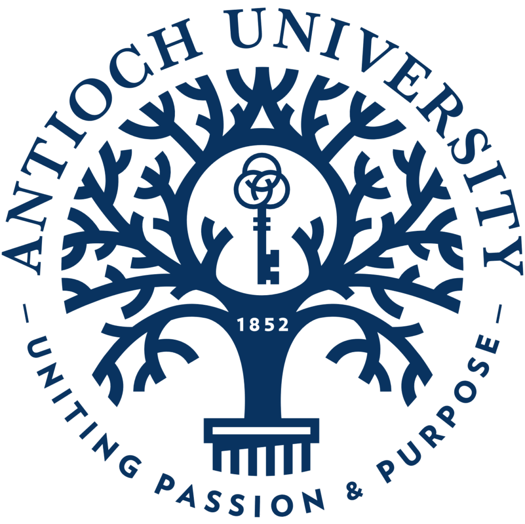 Logo of Antioch University featuring a blue tree with a key in the center, the year 1852, and the words "Antioch University" and "Uplifting Passion & Purpose."
