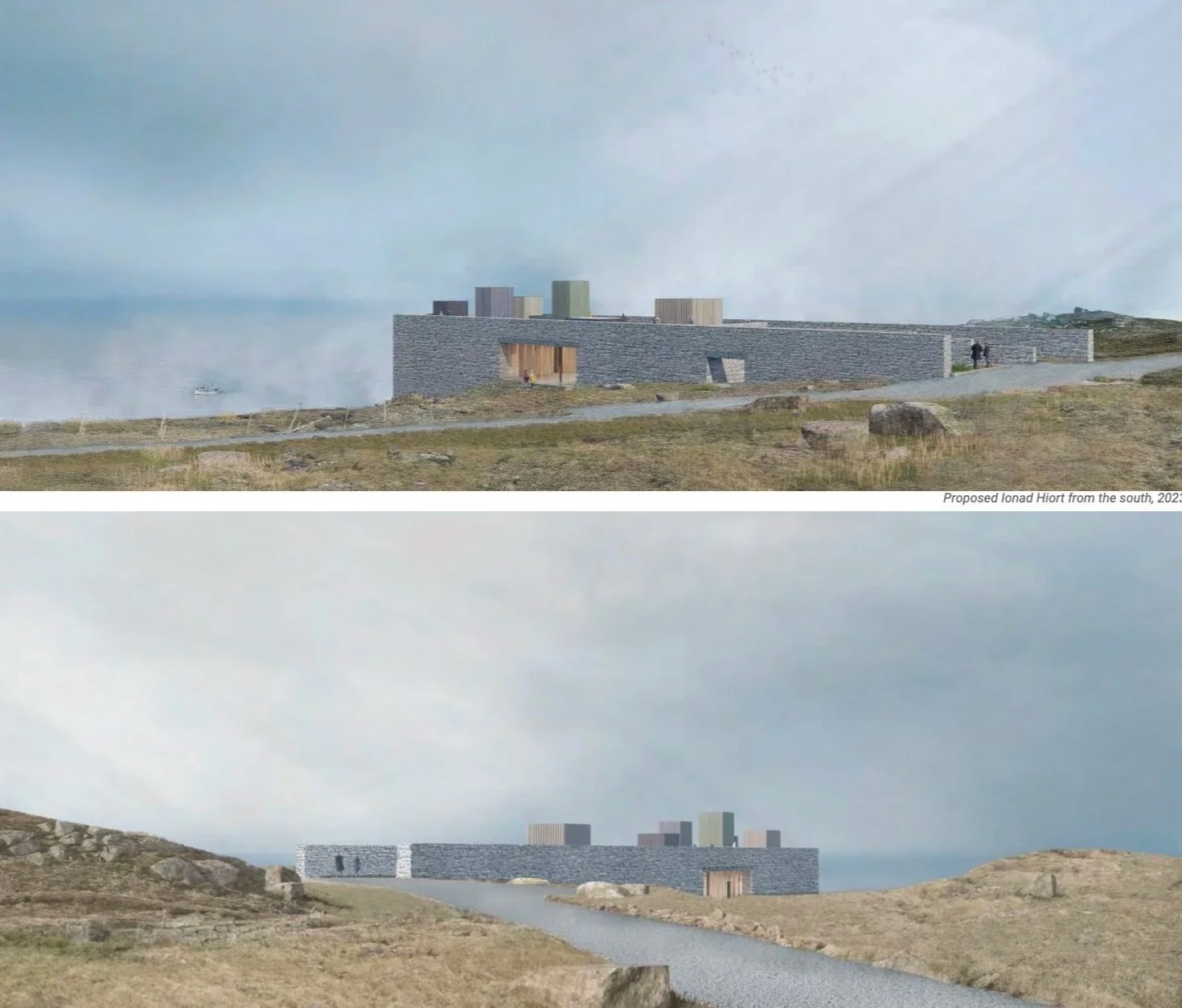 A computer-generated rendering of a modern building with a stone facade, situated on a grassy landscape near coast with rocks and a gravel path, viewed from different angles.